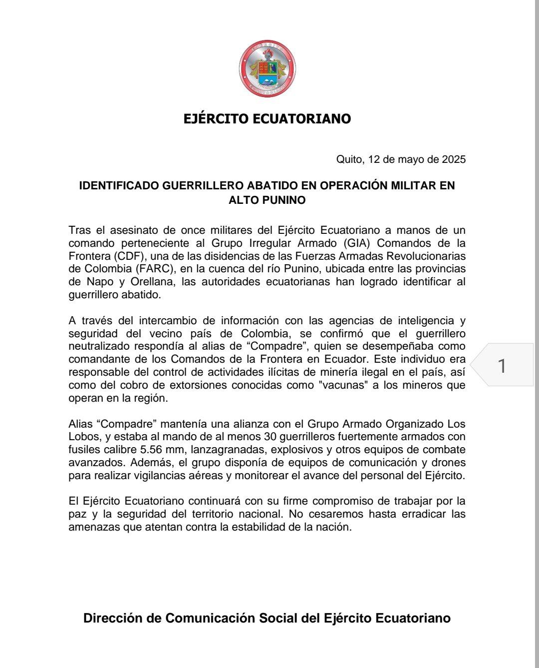 ALIAS "COMPADRE", UNO DE LOS INVOLUCRADOS EN ASESINATO DE LOS 11 MILITARES ECUATORIANOS, FUE ABATIDO.-