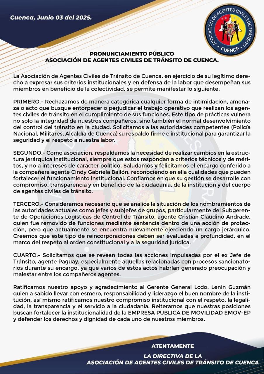 AGENTES DE TRÁNSITO DE LA EMOV EP,HAN EMITIDO UN COMUNICADO DE DECISIONES