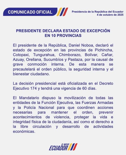 El presidente Daniel Noboa decretó estado de excepción en 10 provincias de Pichincha, Cotopaxi, Tungurahua, Chimborazo, Bolívar, Cañar, Azuay, Orellana, Sucumbíos y Pastaza.