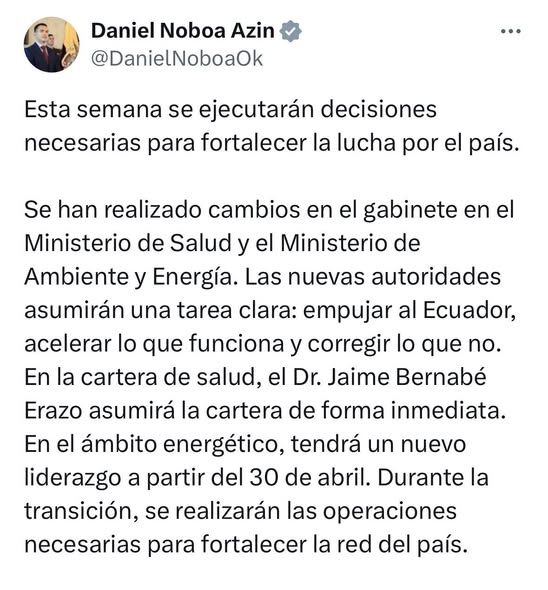 PRESIDENTE NOBOA ANUNCIA CAMBIOS EN MINISTERIOS DE SALUD Y ENERGÍA.-