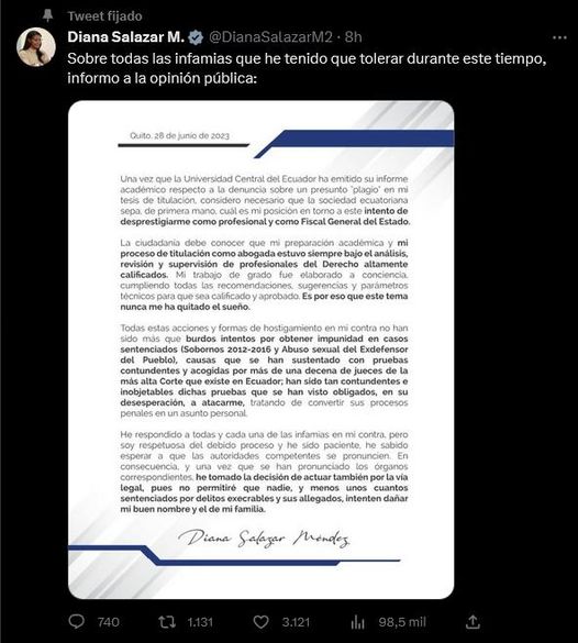 LA UNIVERSIDAD CENTRAL DICE QUE, LA TESIS DE GRADO DE LA FISCAL DIANA SALAZAR NO HA SIDO PLAGIADA, ANTE DENUNCIA DE UN "COLECTIVO"LIDERADO POR LA ESPOSA DEL EXDEFENSOR DEL PUEBLO FREDDY CARRIÓN, SENTENCIADO POR DELITO DE "ABUSO SEXUAL"