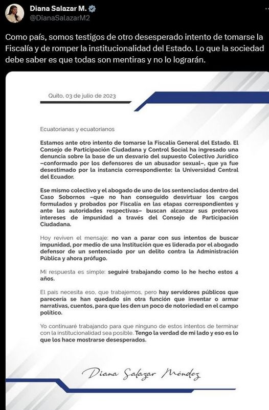 LA FISCAL DIANA SALAZAR ENFRENTA A INTENTO DEL CPCCS, Y DE LOS VOCALES AFINES AL CORREISMO, Y PESE AL INFORME DE LA UNIVERSIDAD QUE GARANTIZA QUE NO HUBO PLAGIO EN LA REALIZACIÓN DE SU TESIS DE GRADO,A LA CABEZA DE ALEMBERT VERA, AHORA BUSCAN ACUSARLA DE 