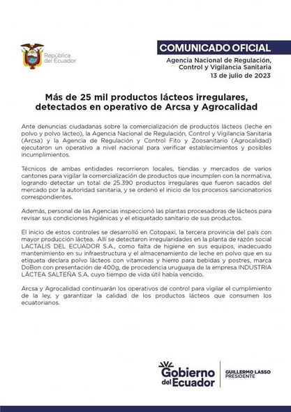 LA AGENCIA DE CONTROL SANITARIO DE ECUADOR (ARCSA), DETECTA MÁS DE 25.000 PRODUCTOS LÁCTEOS IRREGULARES