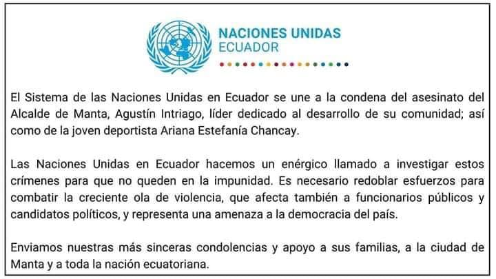 LA OFICINA DE LAS NACIONES UNIDAS EN EL ECUADOR CONDENA EL CRIMEN A AGUSTÍN INTRIAGO ALCALDE DE MANTA