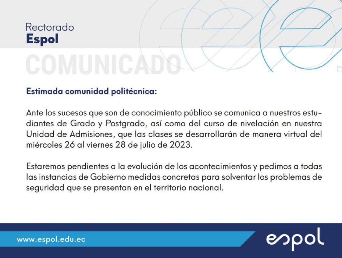 POR LOS ALTOS NIVELES DE INSEGURIDAD, LAS UNIVERSIDADES ESPOL Y LA DE GUAYAQUIL, SUSPENDEN CLASES PRESENCIALES