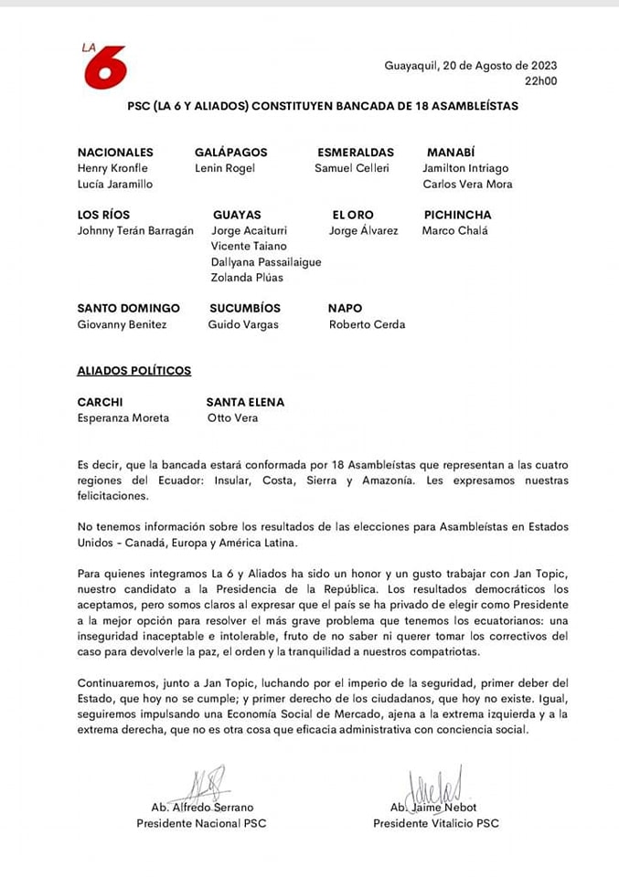 PARTIDO SOCIAL CRITIANO ANUNCIA QUE SU BLOQUE EN LA ASAMBLEA NACIONAL ESTARÁ CON 18 LEGISLADORES