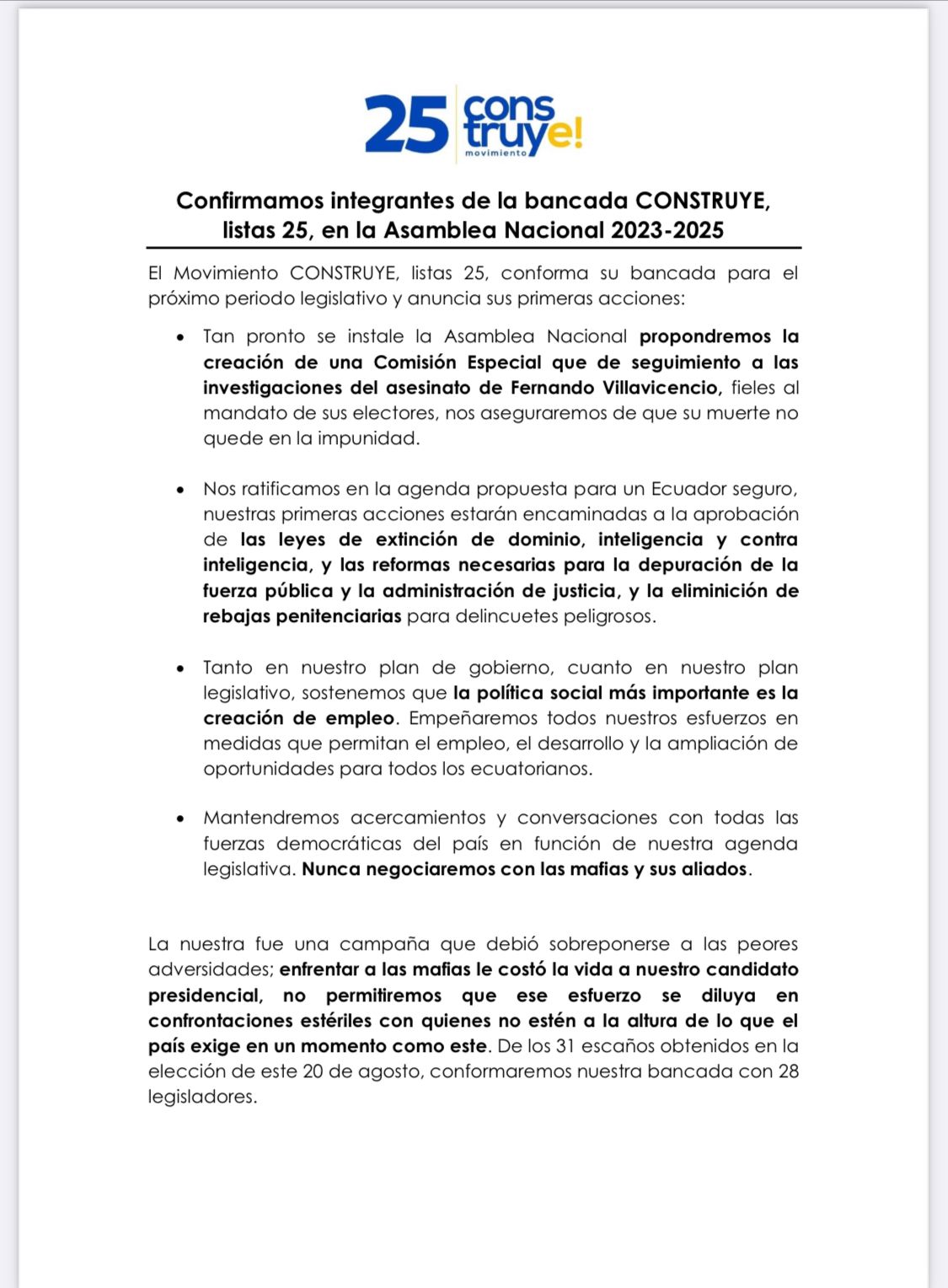 EL MOVIMIENTO CONSTRUYE CON 28 ASAMBLEISTAS SEGUROS, BUSCA EVITAR "RESQUEBRAJAMIENTO" DEL BLOQUE Y SER LA SEGUNDA FUERZA POLÍTICA PARLAMENTARIA