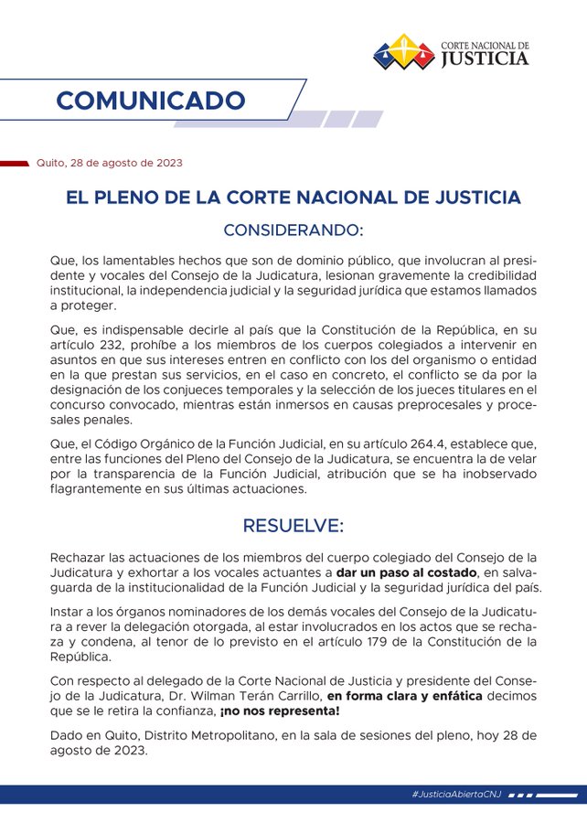 IVÁN SAQUICELA A NOMBRE DE LA CORTE NACIONAL DE JUSTICIA LE RETIRA LA CONFIANZA A WILMAN TORRES, PRESIDENTE DE LA JUDICATURA, Y PIDE A VOCALES QUE DEN UN PASO AL COSTADO.