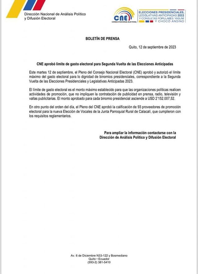 CNE APROBÓ LÍMITE DEL GASTO ELECTORAL PARA LOS BINOMIOS PRESIDENCIALES SEGUNDA VUELTA EN 2'152.007 DÓLARES