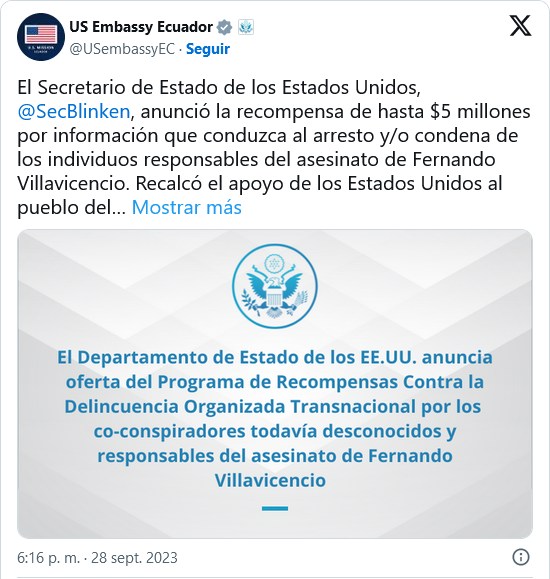 ESTADOS UNIDOS ACABA DE OFRECE UNA RECOMPENSA DE 5 MILLONES DE DÓLARES, POR INFORMACIÓN QUE CONDUZCA A DAR CON LOS RESPONSABLES DEL CRIMEN DE FERNANDO VILLAVICENCIO.-