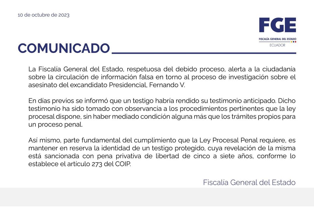 LA FISCALÍA ADVIERTE CON CÁRCEL, PARA QUIEN DE A CONOCER IDENTIDAD DE TESTIGO PROTEGIDO QUE DECLARÓ EN EL CASO DEL CRIMEN A FERNANDO VILLAVICENCIO.-