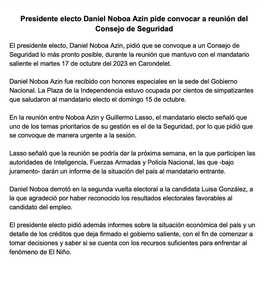 EL PRESIDENTE ELECTO DANIEL NOBOA AZÍN "SE ADELANTA A LA JUGADA", Y SOLICITA DE MANERA URGENTE SE CONVOQUE A UN CONSEJO DE SEGURIDAD.-