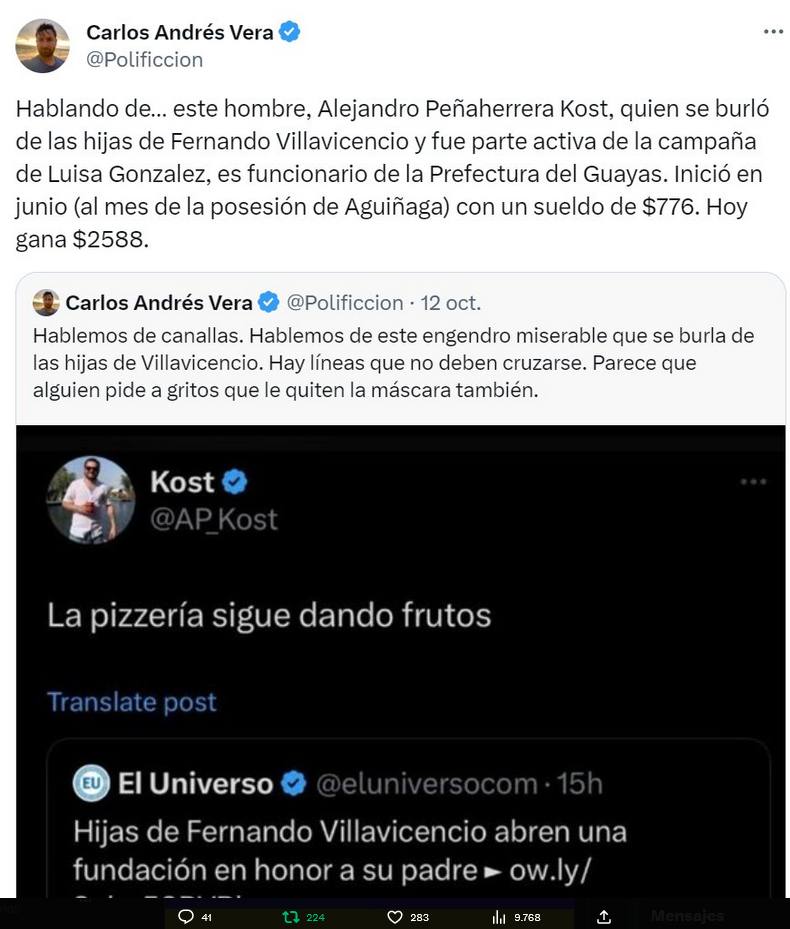 MÁS CORREISTAS BENEFICIARIOS DEL DINERO DEL PUEBLO. ES EL CASO DE ALEJANDRO PEÑAHERRERA KOST ASESOR DE CAMPAÑA DE LUISA GONZÁLEZ QUE GANA SUELDO DE LA PREFECTURA DEL GUAYAS (2.588 dólares mes), QUIEN SE BURLABA DE LAS HIJAS DE FERNANDO VILLAVICENCIO