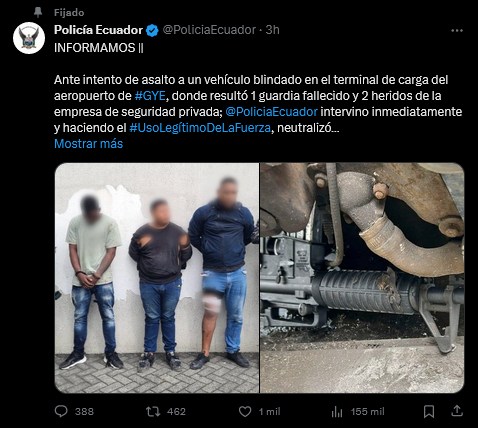 INTENTO DE ASALTO SECTOR DEL AEROPUERTO DE GUAYAQUIL DEJA UN GUARDIAS MUERTO Y 2 HERIDOS. SON 3 SOSPECHOSOS DETENIDOS.-