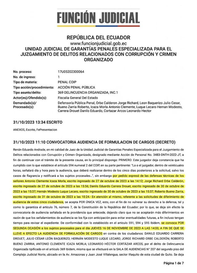 PARA EL 16 DE NOVIEMBRE LA AUDIENCIA DE FORMULACIÓN DE CARGOS POR DELINCUENCIA ORGANIZADA EN CONTRA DE DANILO CARRERA Y HERNÁN LUQUE.-