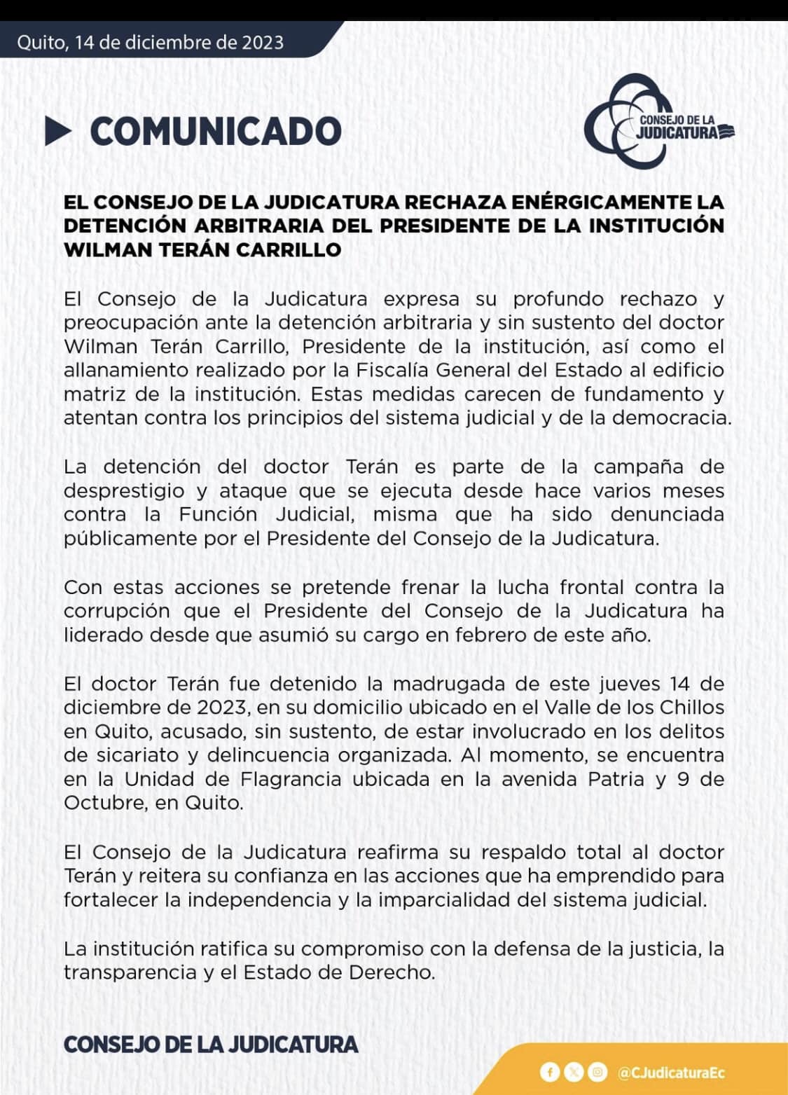 CONSEJO DE LA JUDICATURA PRONUNCIA SU PUNTO DE VISTA POR LA DETENCIÓN DE WILMAN TERÁN.-