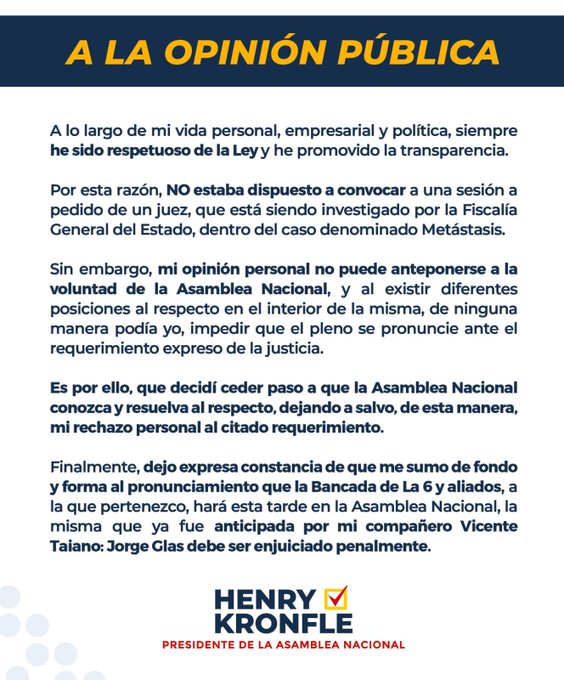 PRESIDENTE DE LA ASAMBLEA HENRY KRONFLE CONSIDERA QUE JORGE GLAS DEBE SER ENJUICIADO PENALMENTE.-