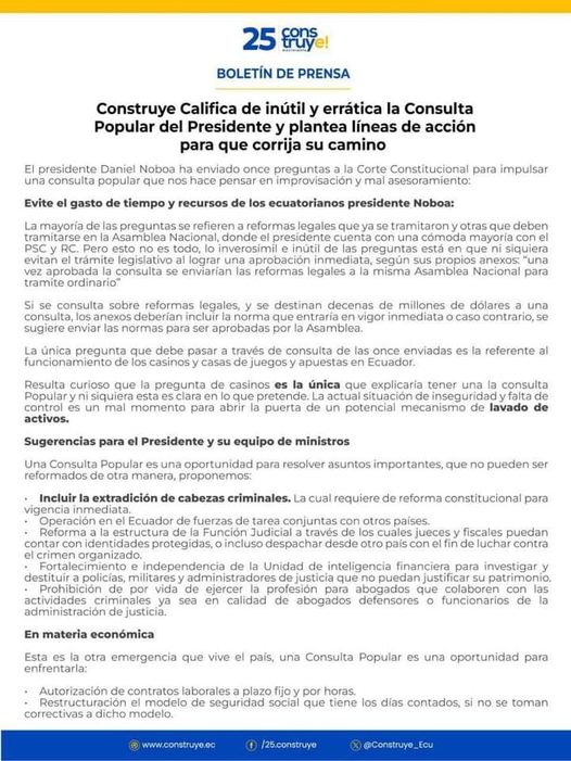 EL MOVIMIENTO CONSTRUYE CALIFICA CONSULTA DEL GOBIERNO, COMO ERRÁTICA E INUTIL.-