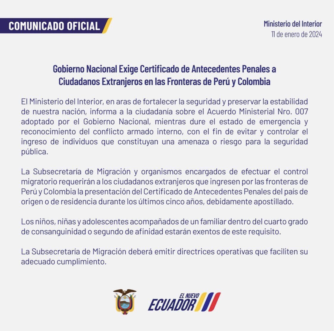 ECUADOR EXIGIRÁ PARA INGRESAR AL PAÍS POR LAS FRONTERAS CON COLOMBIA Y EL PERU, PRESENTACIÓN DEL CERTIFICADO DE ANTECEDENTES PENALES.-