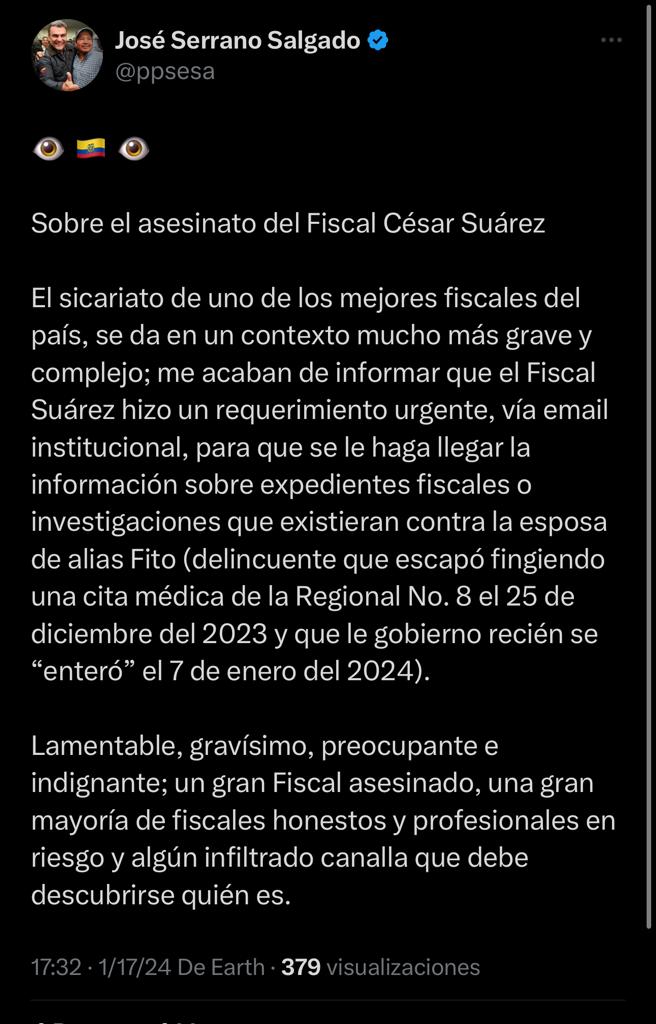 FISCALÍA GENERAL ABRIRÁ INVESTIGACIÓN A JOSÉ SERRANO S. POR SU REVELACIÓN EN REDES SOCIALES, SOBRE EL ASESINATO AL FISCAL CÉSAR SUÁREZ.-