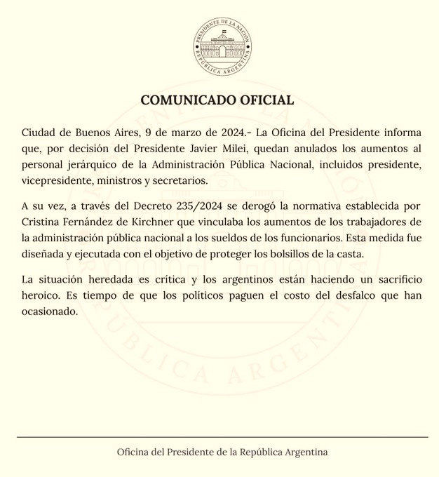 PRESIDENTE DE ARGENTINA ANUNCIA ANULACIÓN DE AUMENTO SALARIAL PARA ALTOS CARGOS DEL GOBIERNO.-