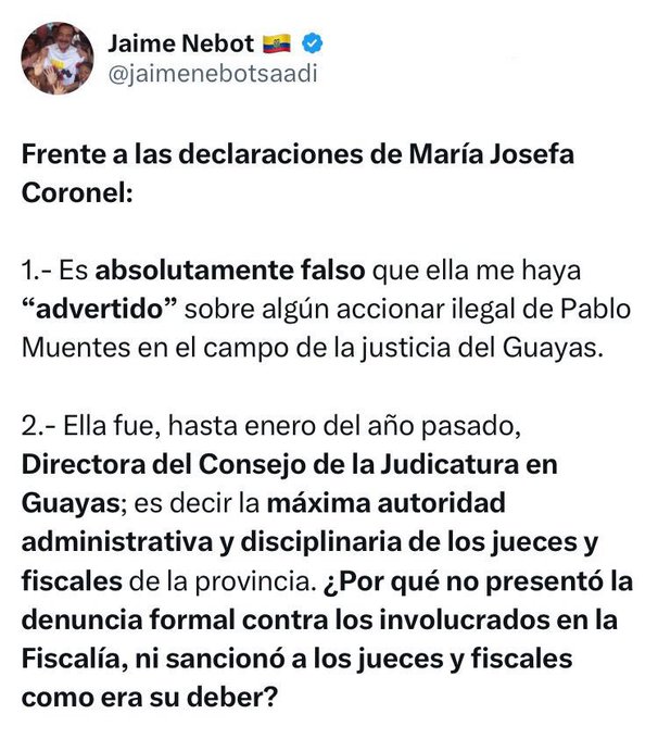 JAIME NEBOT DESMIENTE A MARÍA J. CORONEL QUE MANIFESTÓ QUE EL LIDER DEL PSC SABÍA LOS MOVIMIENTOS E INFLUENCIA DE PABLO MUENTES EN LA CORTE DE JUSTICIA DEL GUAYAS.-