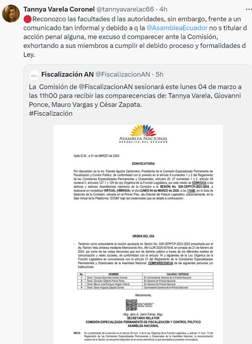 EXCOMANDANTE TANNYA VARELA DICE QUE NO VA ESTE LUNES 4 DE MARZO A CONVOCATORIA DE LA ASAMBLEA NACIONAL, POR LA INFORMALIDAD COMO SE MANEJAN.-