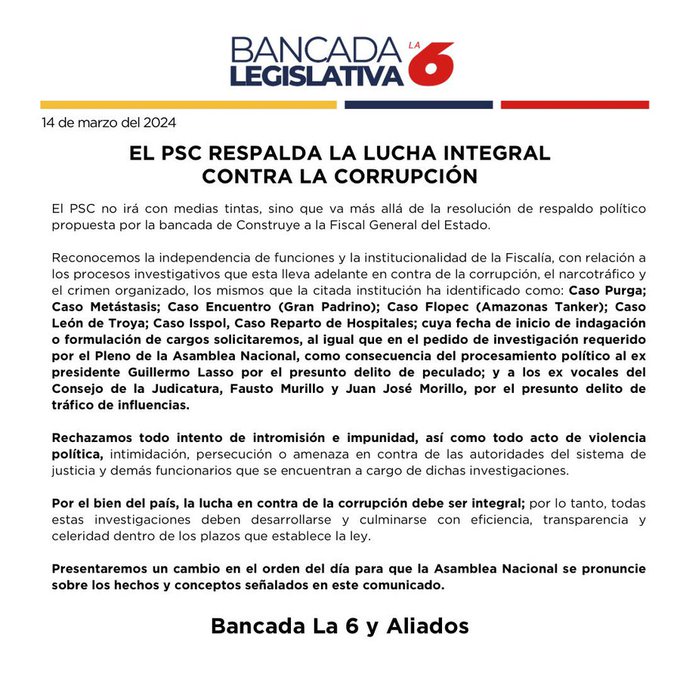 PARTIDO SOCIAL CRISTIANO (PSC) APOYA INVESTIGACIONES QUE REALIZA LA FISCAL DIANA SALAZAR