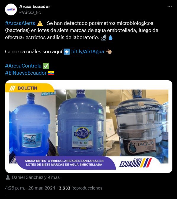 Un día después de detectar arsénico en un lote de agua embotellada, la Agencia Nacional de Regulación, Control y  NO TODAS LAS BOTELLAS CON AGUA DE VENTA SON APTAS PARA EL CONSUMO HUMANO DENUNCIA ARCSA