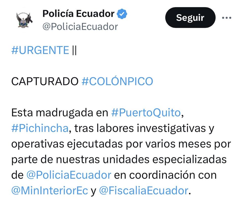 HASTA QUE POR FIN LA POLICÍA DETIENE A FABRICIO COLÓN PICO, LUEGO DE MÁS DE TRES MESES DE BÚSQUEDA.-