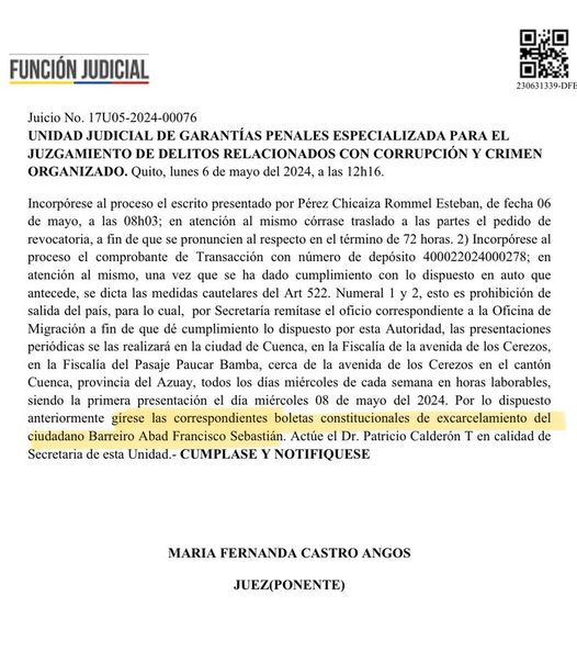 FINALMENTE SE EMITIÓ BOLETA DE LIBERTAD LUEGO DE PAGAR LA FIANZA, HIJO DE VICEPRESIDENTA.-