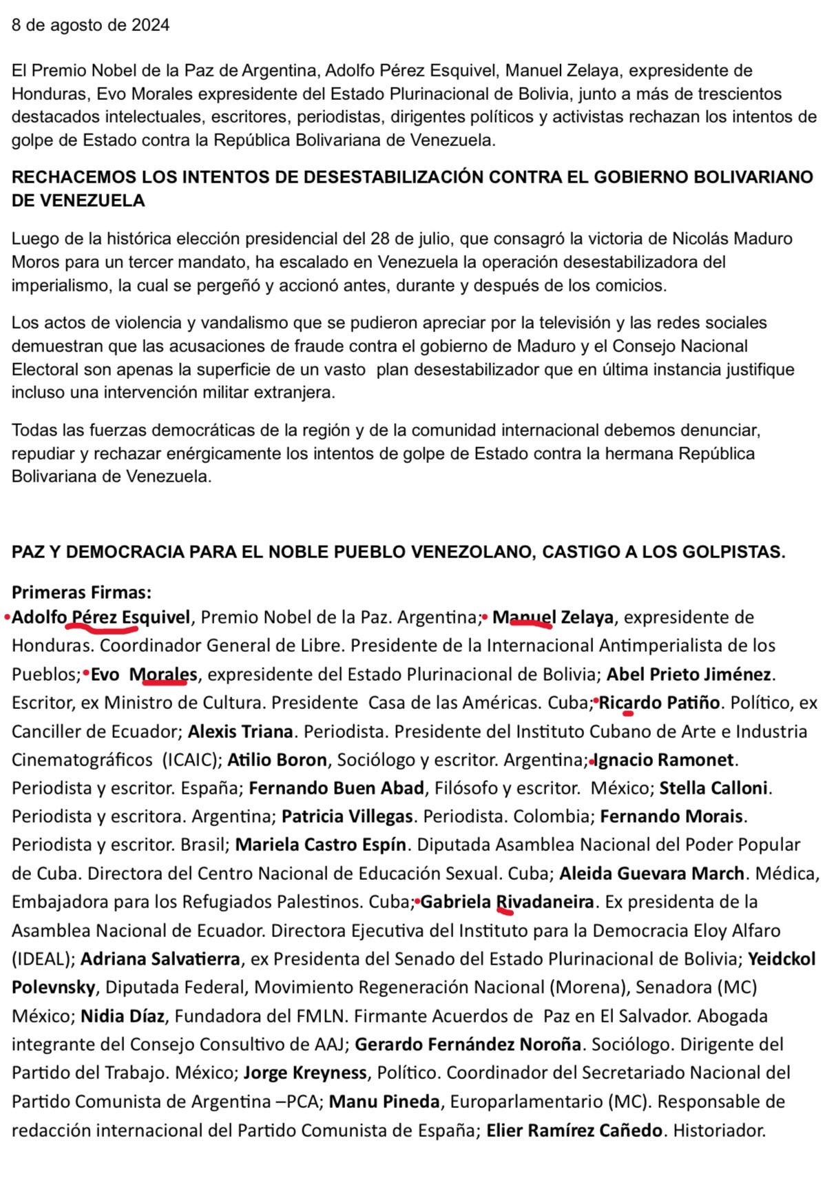 VARIOS ACTORES INTELECTUALES, EXPRESIDENTE PRESENTARON APOYO AL DICTADOR MADURO, ENTRE ELLOS RICARDO PATIÑO PATIÑO Y GABRIELA RIVADENEIRA.-