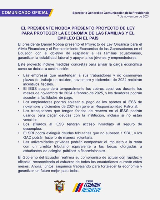 EL PRESIDENTE DANIEL NOBOA PRESENTA PROYECTO DE LEY PARA PROTEGER LA ECONOMÍA DE LAS FAMILIAS Y EL EMPLEO EN EL PAÍS.-