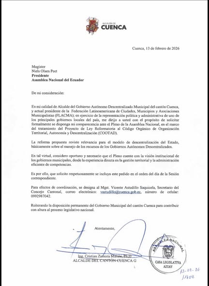 ALCALDE DE CUENCA CRISTIAN ZAMORA, EN CONTRA DE PROYECTO DE LEY QUE BUSCA UN MEJOR USO DE LOS RECURSOS DE GADs.