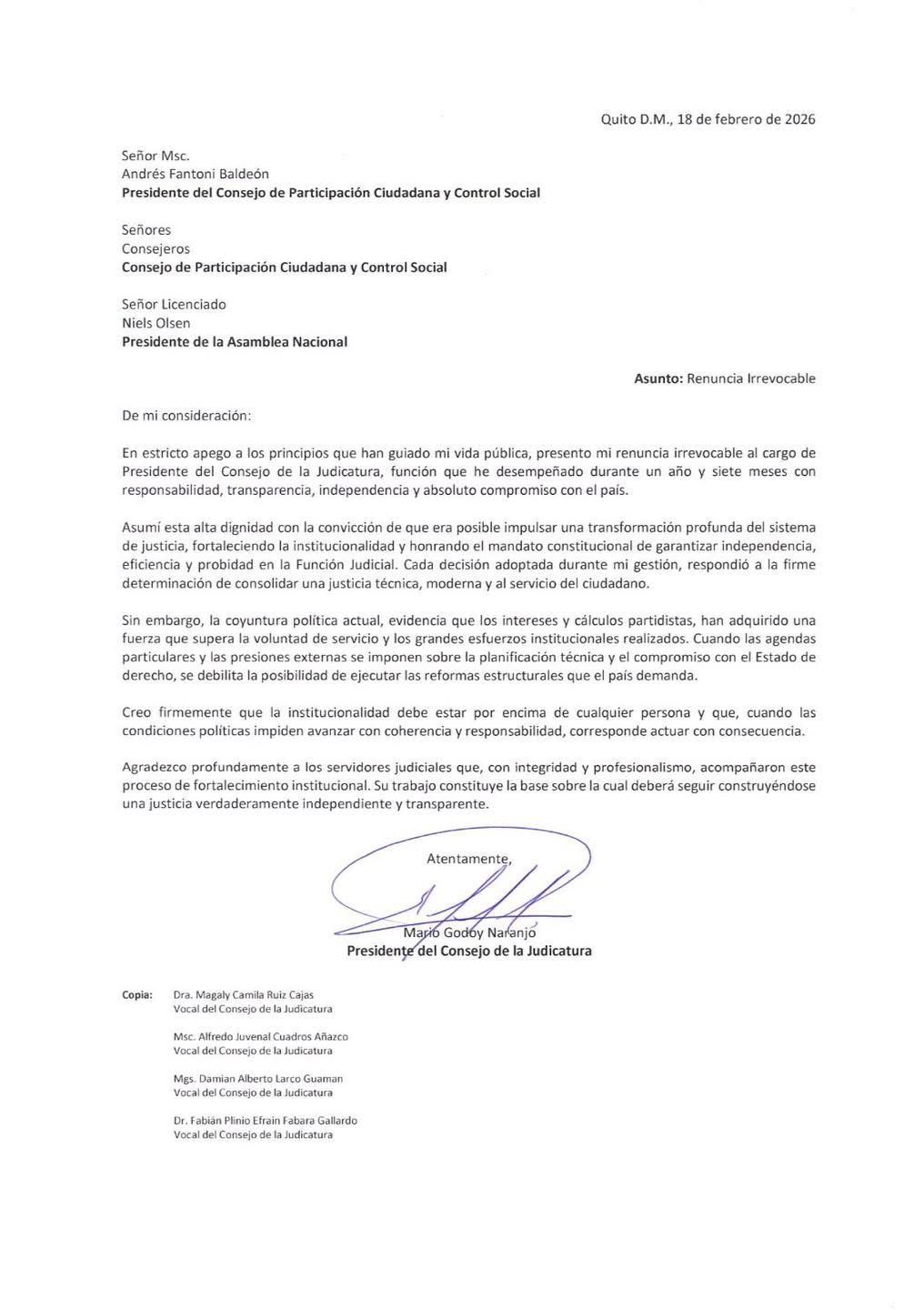 RENUNCIÓ MARIO GODOY DE PRESIDENCIA DE